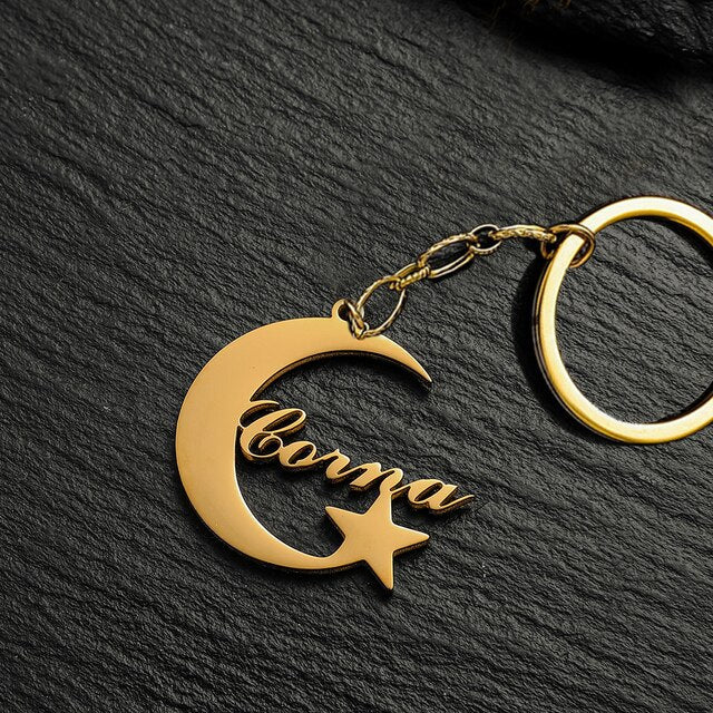 Crescent Moon Keychain With Script Name And Star Detail
