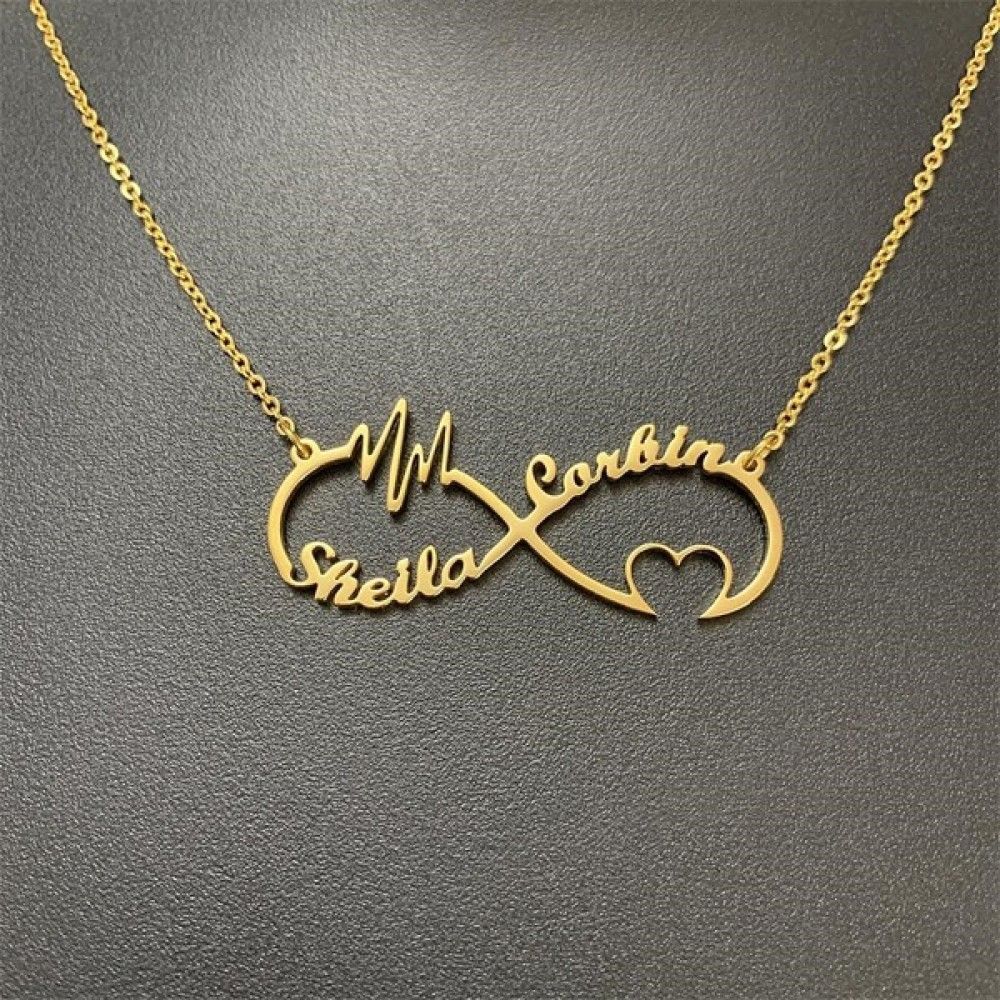 Infinity Necklace With Two Names And Heartbeat Line Detail