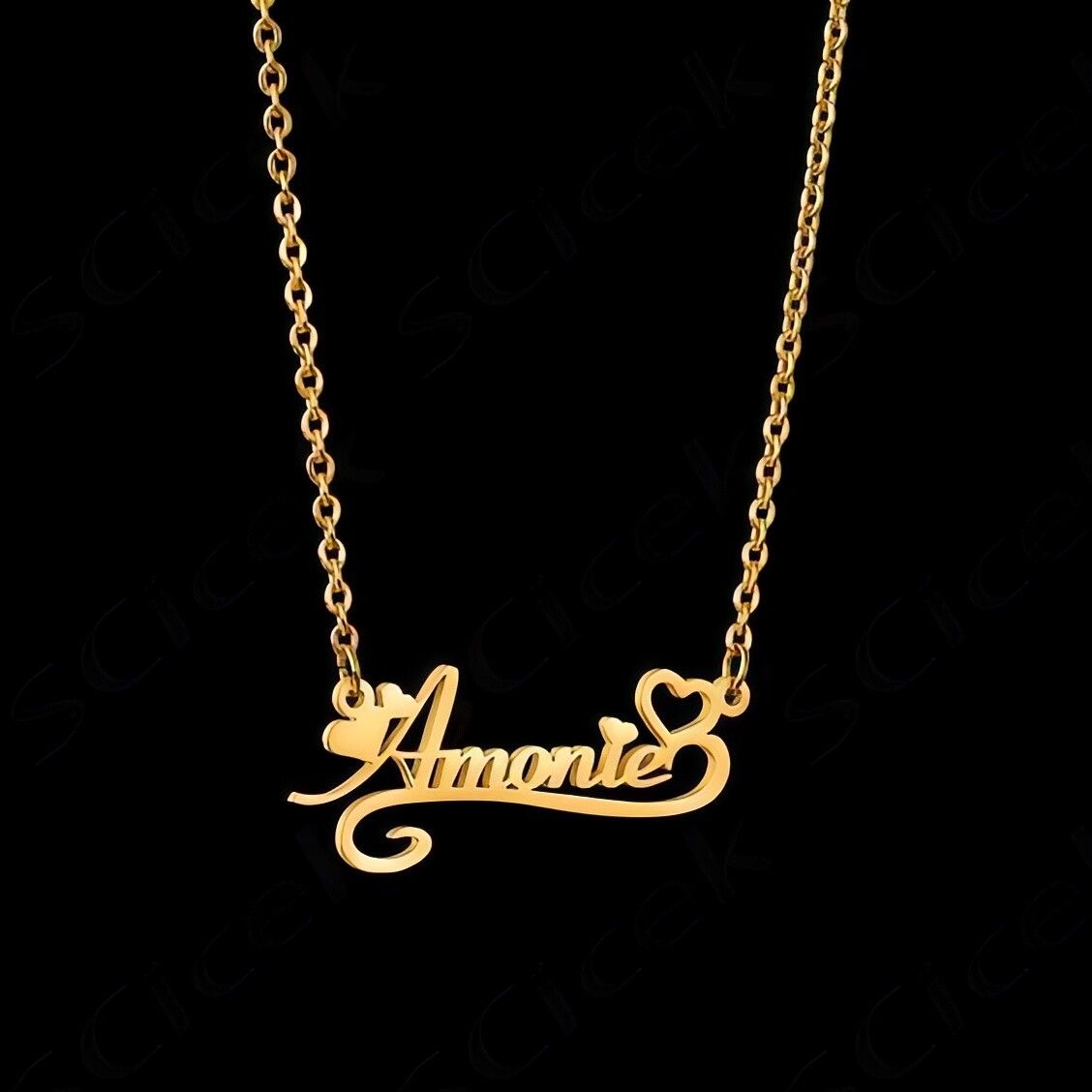 Decorative Script Name Necklace with Hearts & Swirls