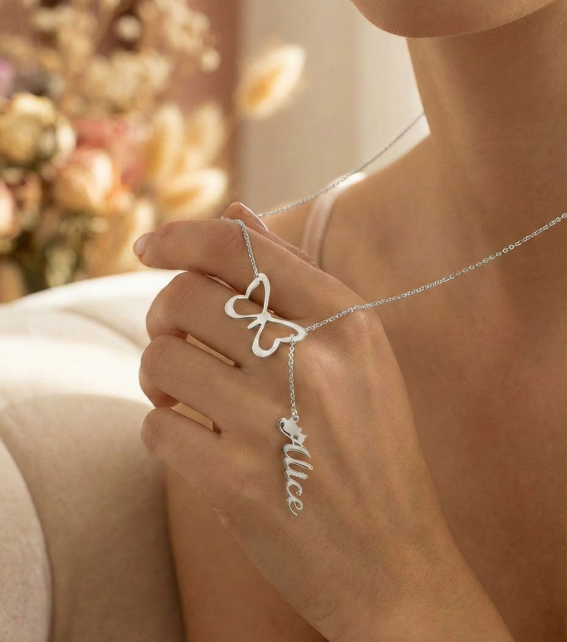 Butterfly Drop Necklace With Vertical Name And Fine Chain thumbnail 2