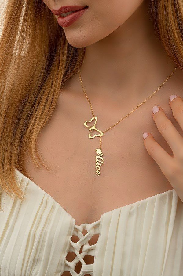 Butterfly Drop Necklace With Vertical Name And Fine Chain