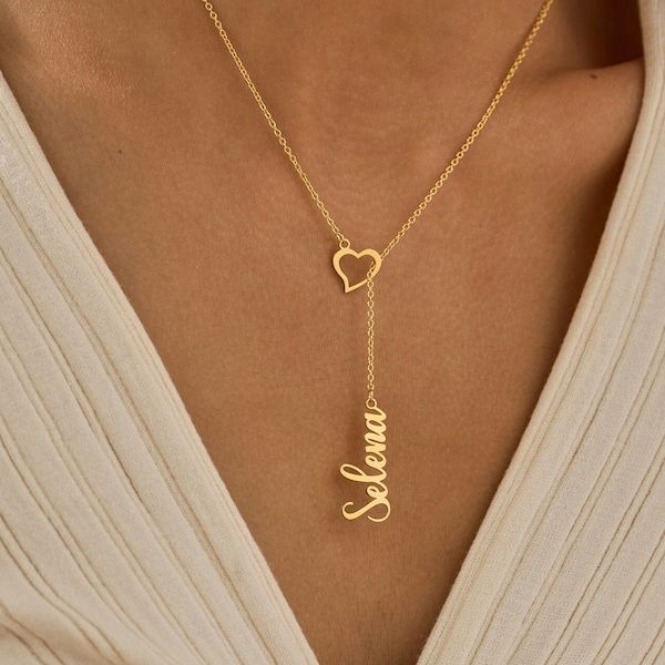 Heart Drop Necklace With Vertical Name And Fine Chain
