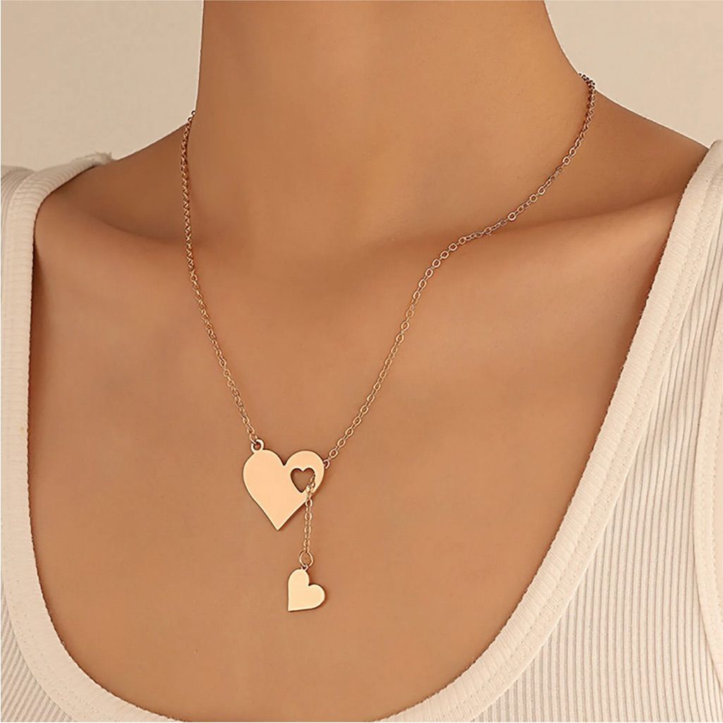 Double Heart Lariat Drop Necklace