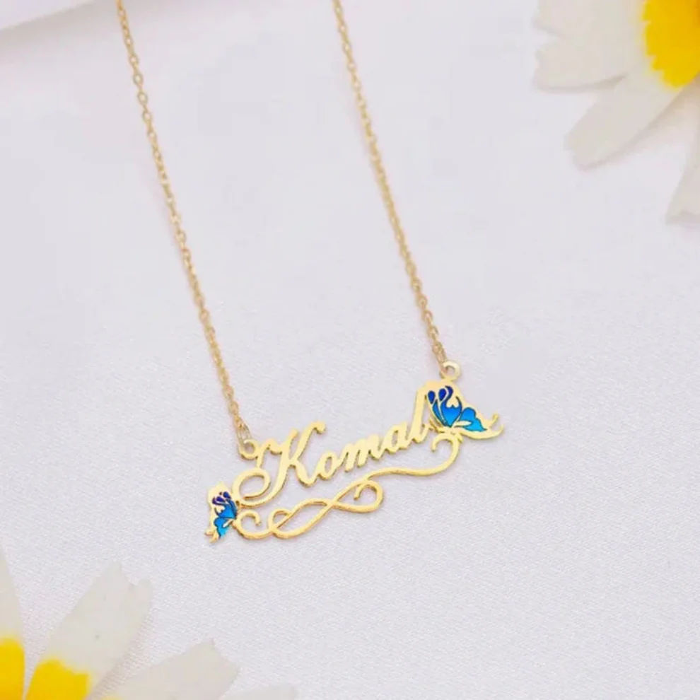 The Metamorphosis Necklace – Custom Script Name Necklace with Blue Enamel Butterflies thumbnail 2