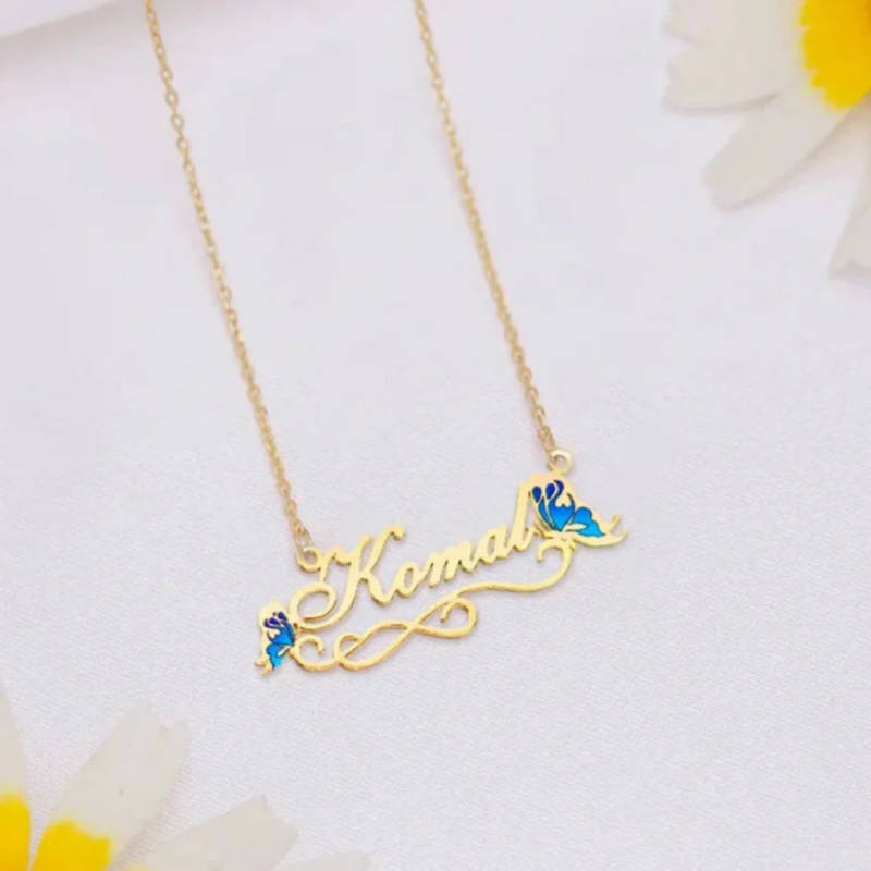 The Metamorphosis Necklace – Custom Script Name Necklace with Blue Enamel Butterflies - 2