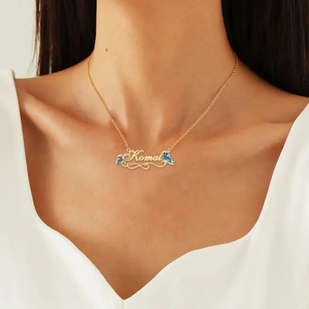 The Metamorphosis Necklace – Custom Script Name Necklace with Blue Enamel Butterflies thumbnail 3