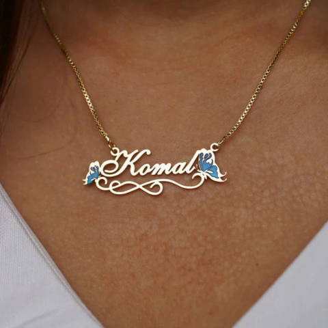 The Metamorphosis Necklace – Custom Script Name Necklace with Blue Enamel Butterflies
