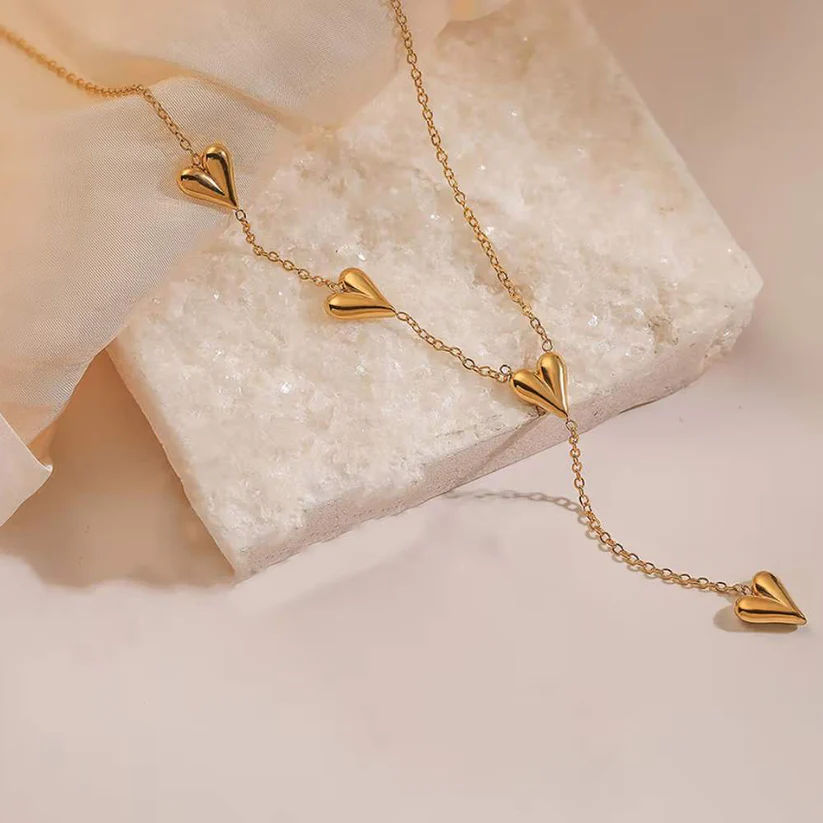 Multi Heart Lariat Necklace With Vertical Drop Chain Design