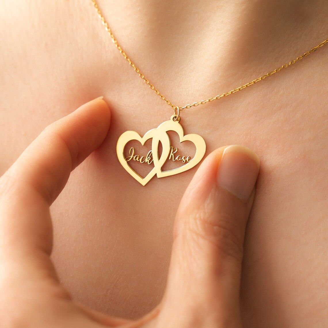The Eternal Double Heart Script Name Necklace - Image 1