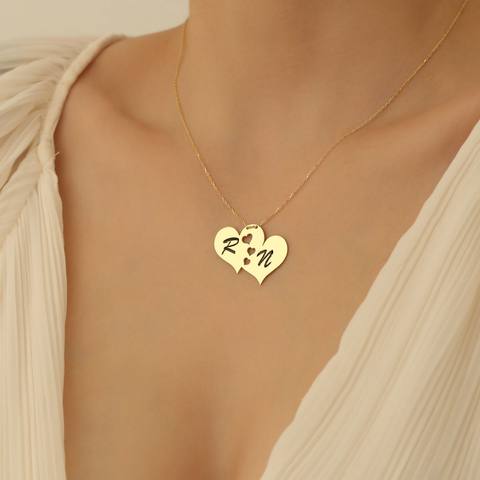 Double Heart Necklace With Initial Cut-Out And Link Chain