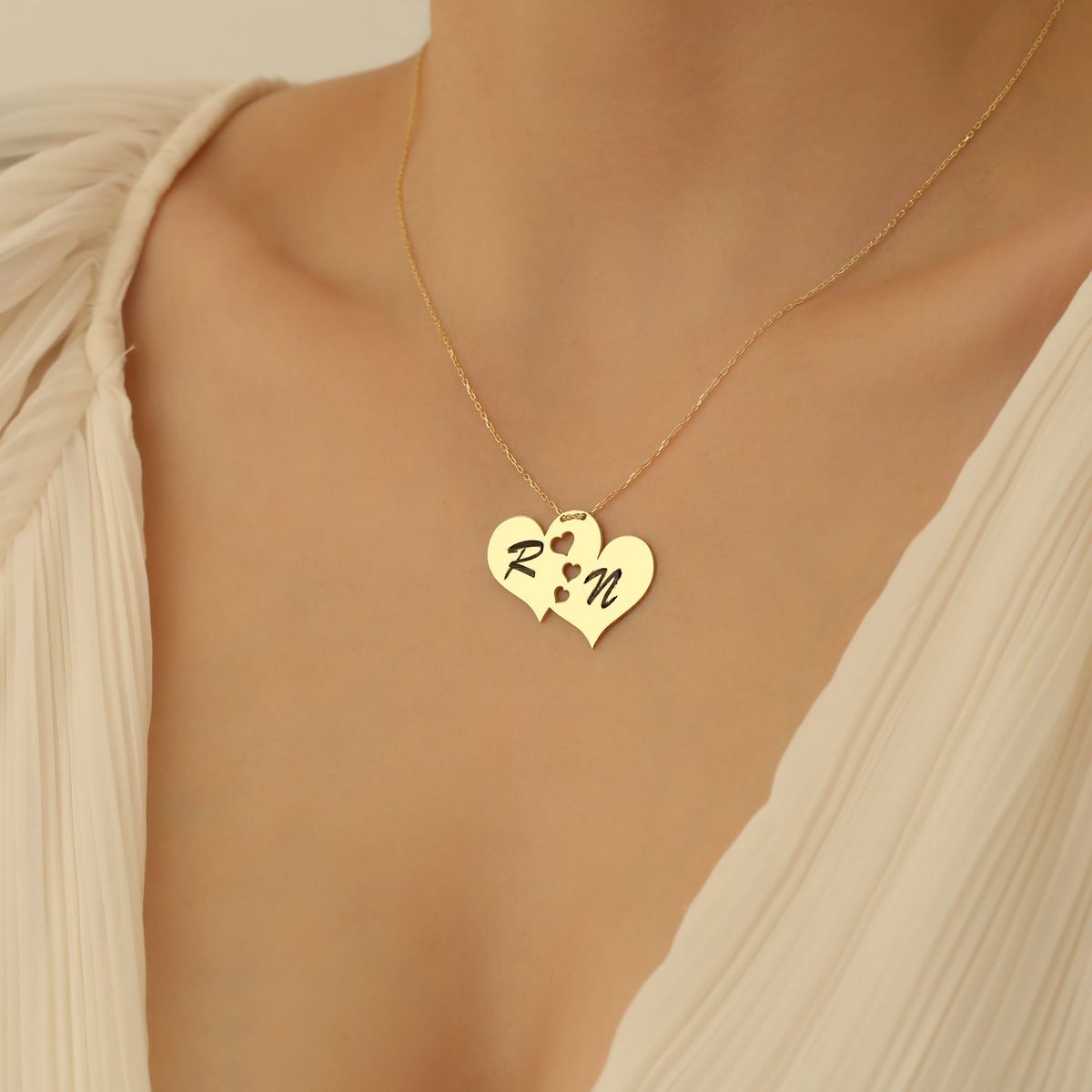 Double Heart Necklace With Initial Cut-Out And Link Chain