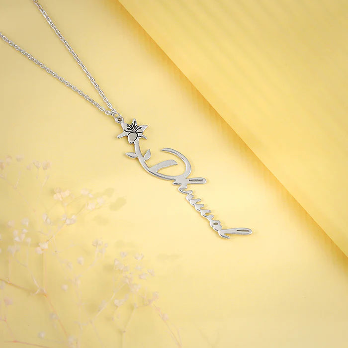 Vertical Name Necklace With Birth Flower And Fine Chain thumbnail 3