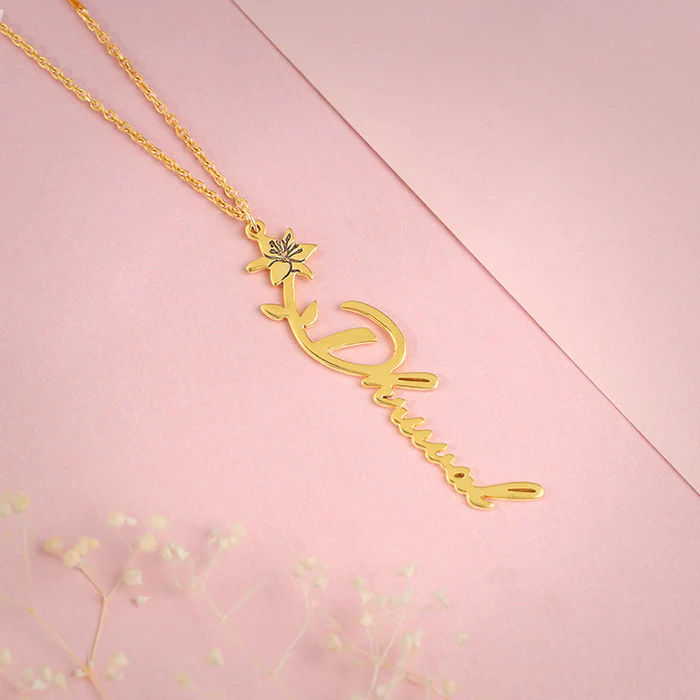 Vertical Name Necklace With Birth Flower And Fine Chain thumbnail 2
