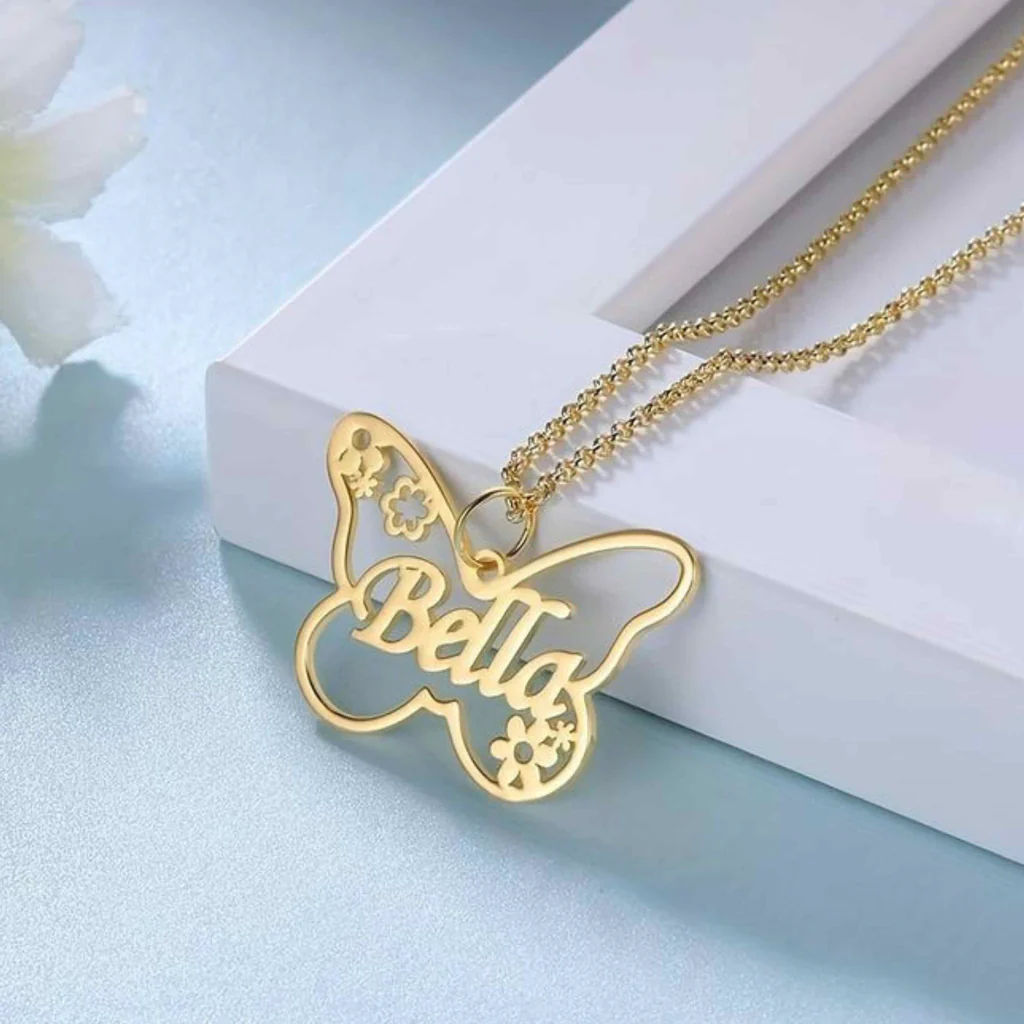 Personalized Butterfly Name Necklace with Floral Cutouts
