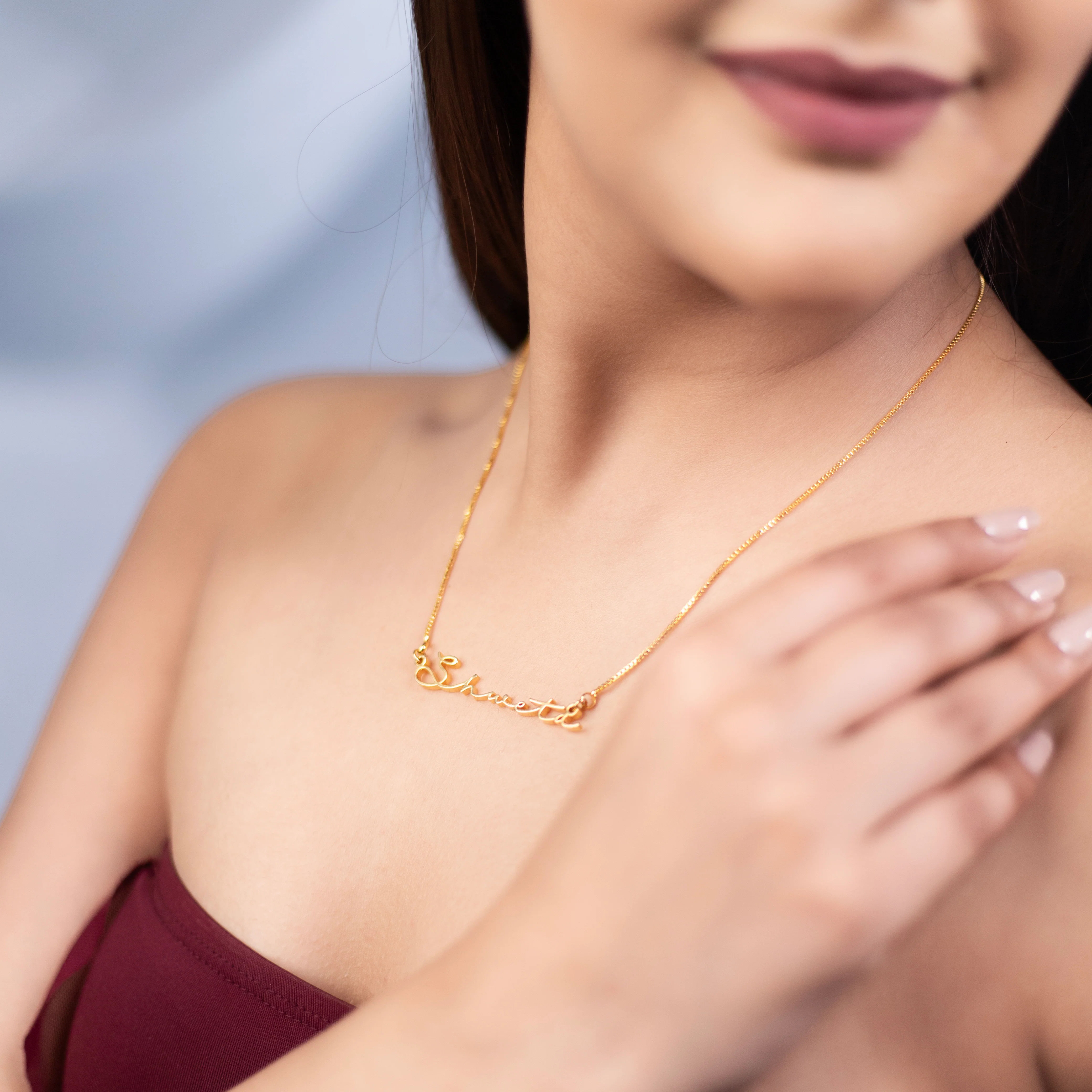 Script Name Necklace With Bold Initial And Swoop Tail End thumbnail 2
