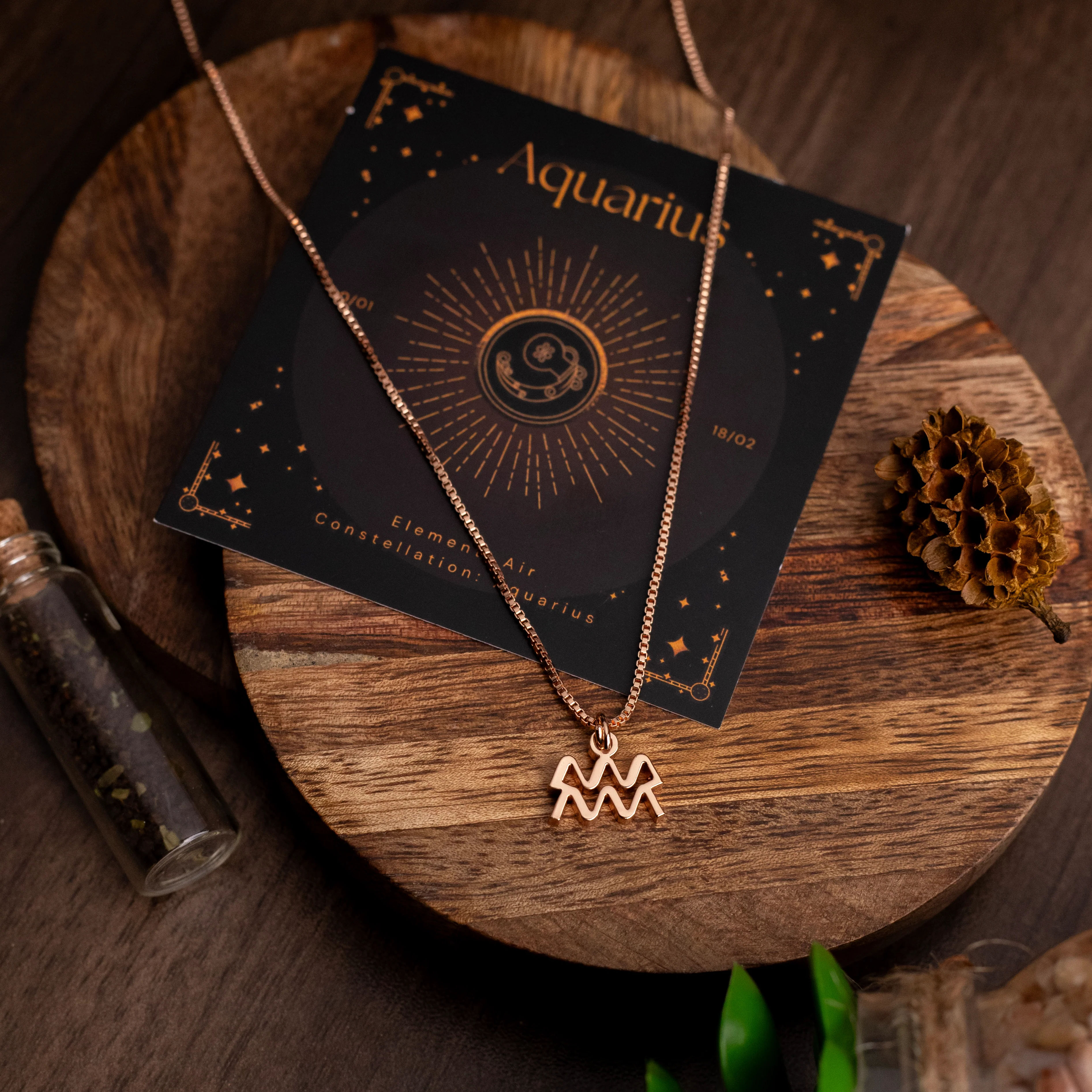 Zodiac Symbol Pendant Necklace With Aquarius Sign And Chain thumbnail 2