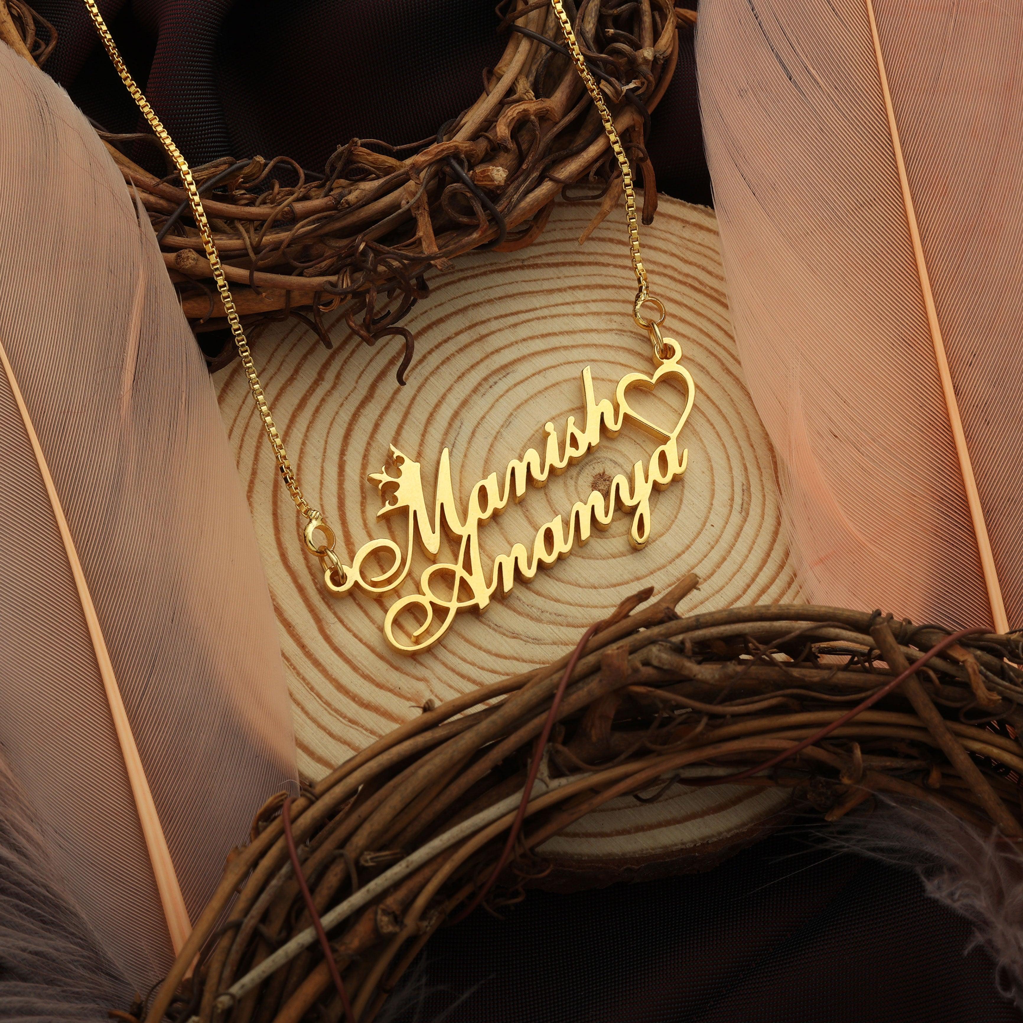 Crown Script Dual Name Necklace With Heart Accent Detail