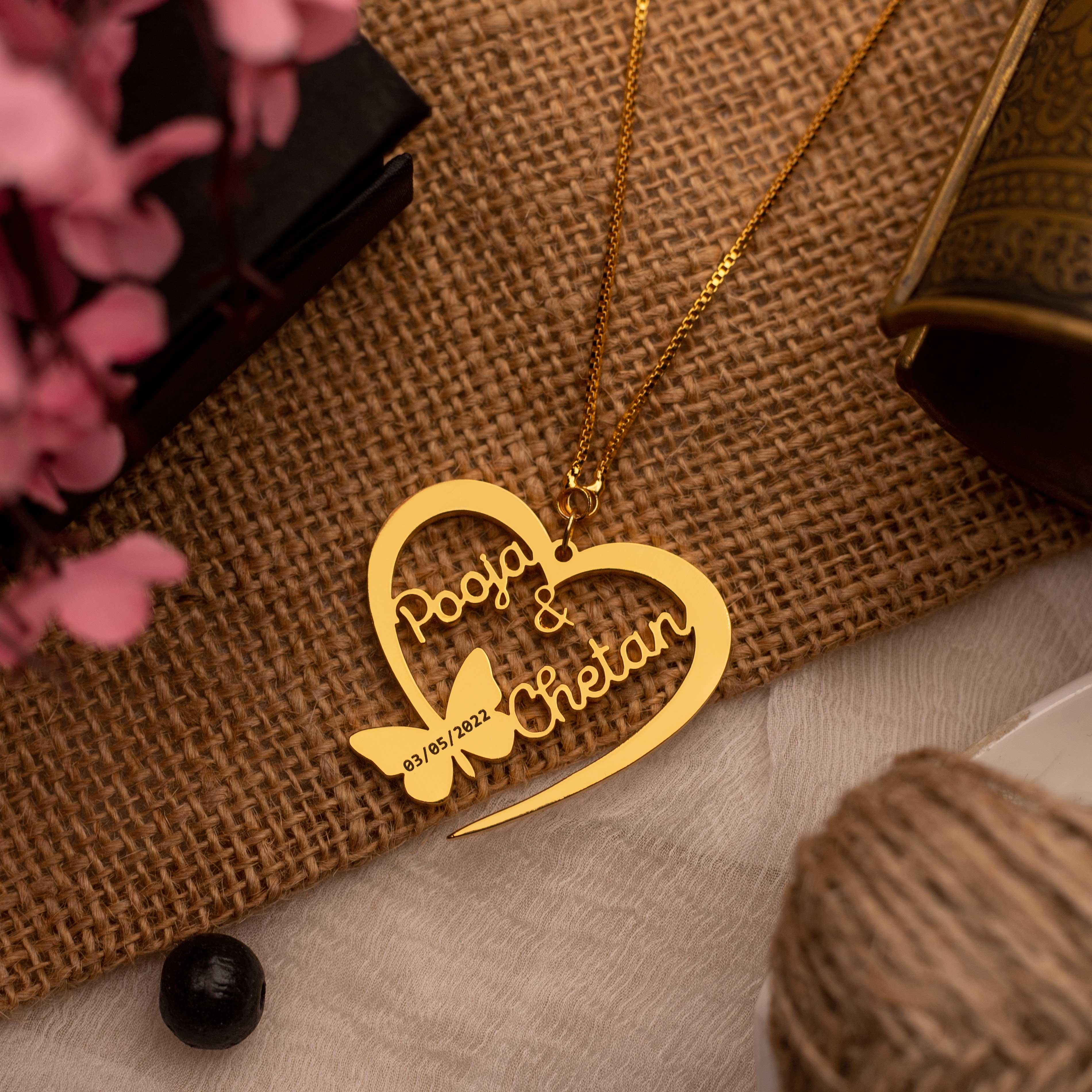 Heart Frame Necklace With Two Names Date And Butterfly