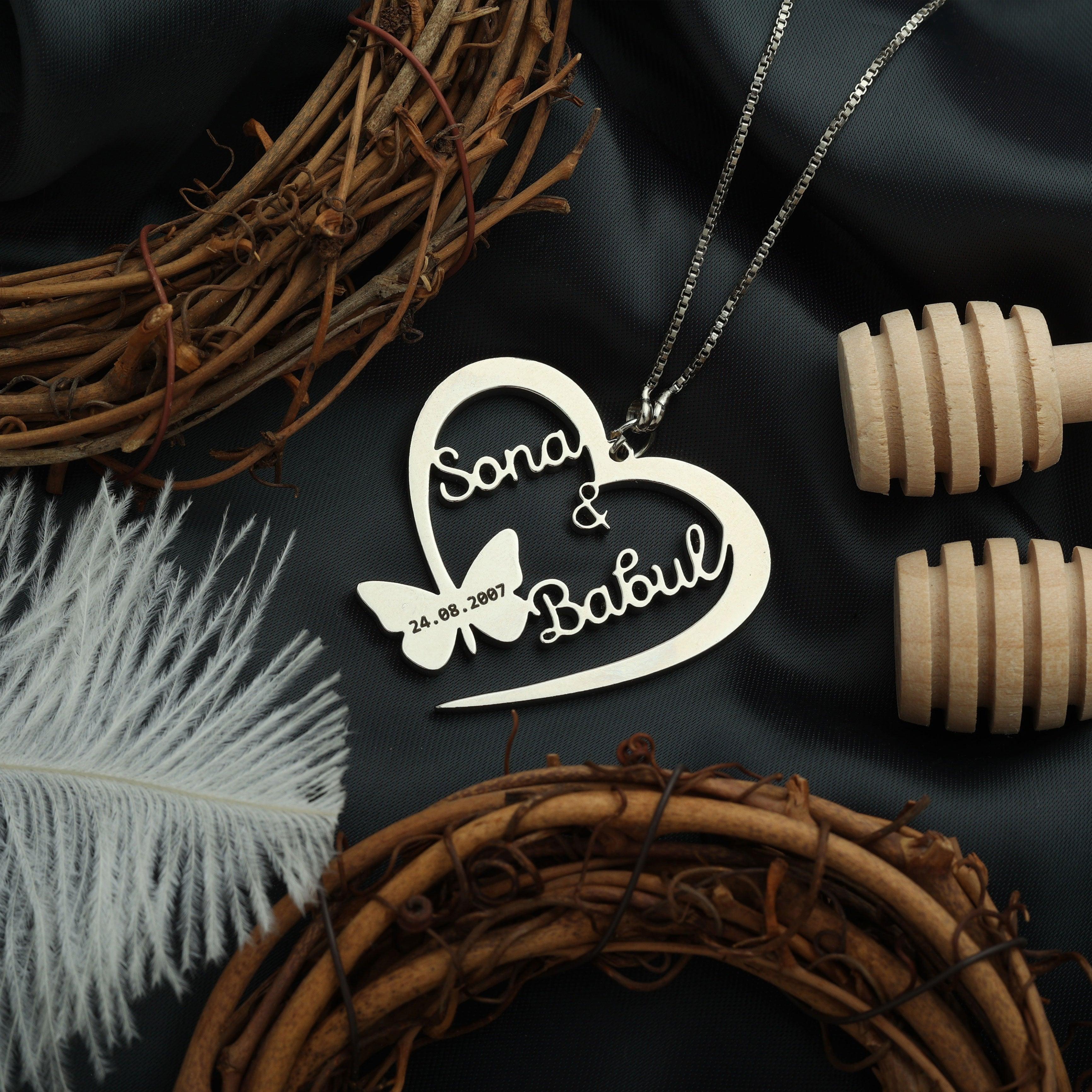 Heart Frame Necklace With Two Names Date And Butterfly thumbnail 2