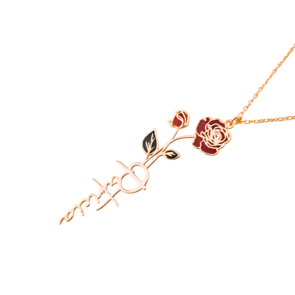 Rose Pendant Necklace With Vertical Name Drop And Enamel Detail thumbnail 3