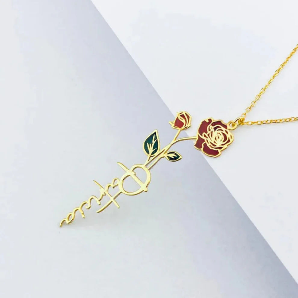 Rose Pendant Necklace With Vertical Name Drop And Enamel Detail thumbnail 4