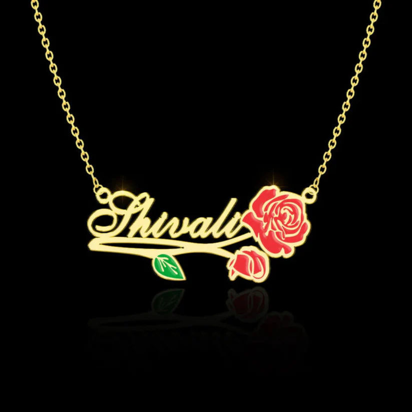 Custom Name Necklace with Enamel Rose Accent thumbnail 3
