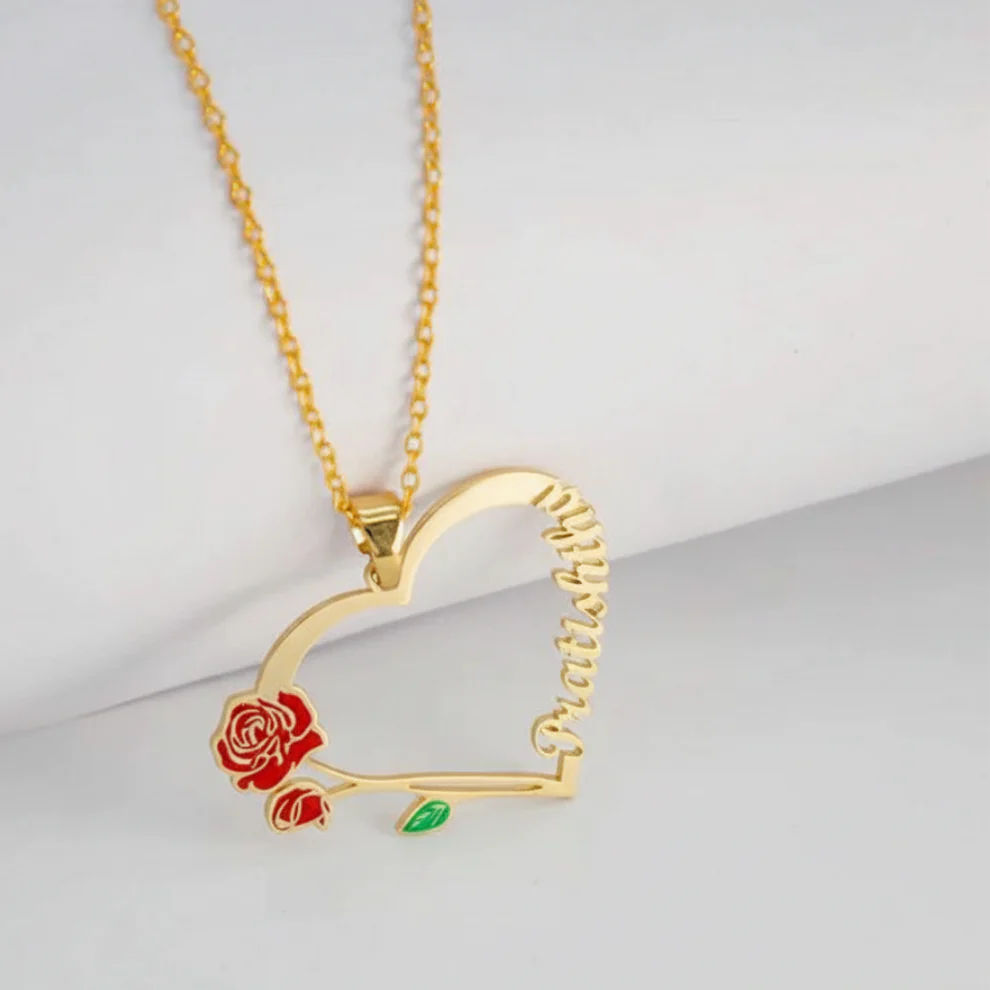 Open Heart Necklace With Vertical Name And Enamel Rose Detail thumbnail 2