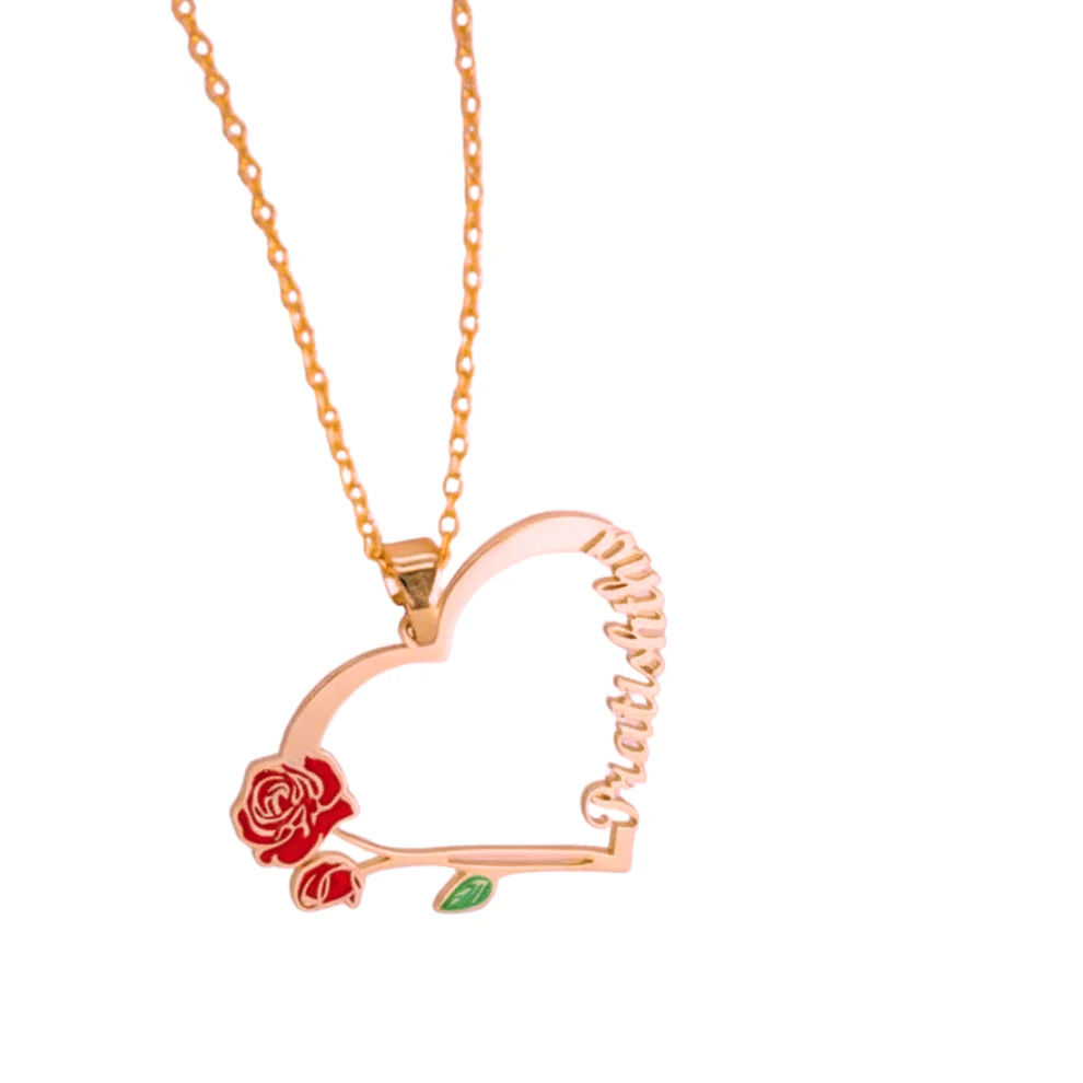 Open Heart Necklace With Vertical Name And Enamel Rose Detail thumbnail 3