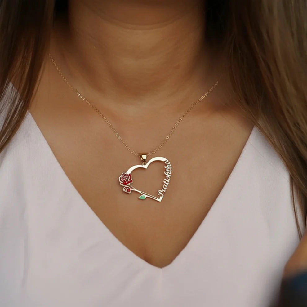 Open Heart Necklace With Vertical Name And Enamel Rose Detail