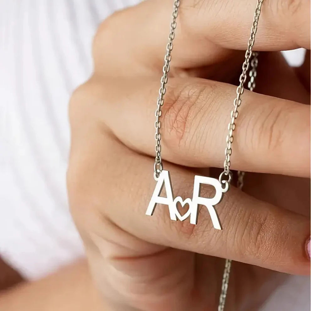 Minimalist Block Initial Necklace with Heart Spacer