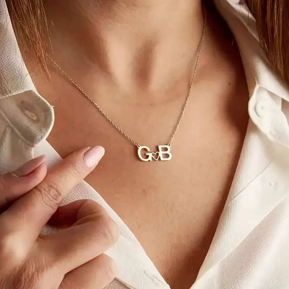 Minimalist Block Initial Necklace with Heart Spacer thumbnail 2