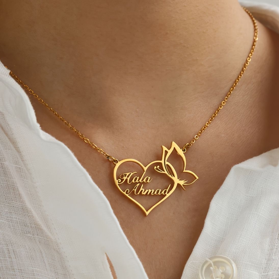 Heart Frame Necklace With Two Names And Butterfly Accent thumbnail 2