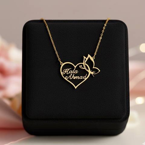 Heart Frame Necklace With Two Names And Butterfly Accent