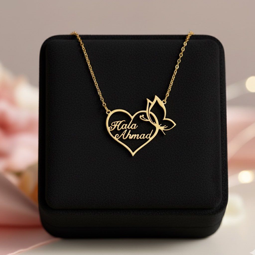 Heart Frame Necklace With Two Names And Butterfly Accent
