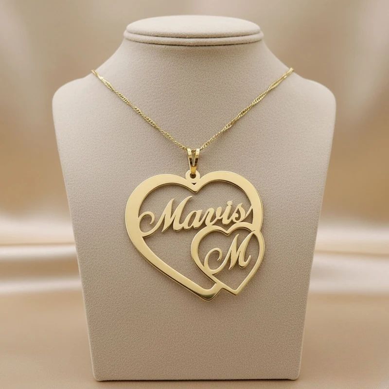 Double Heart Necklace With Name And Small Initial Charm thumbnail 2