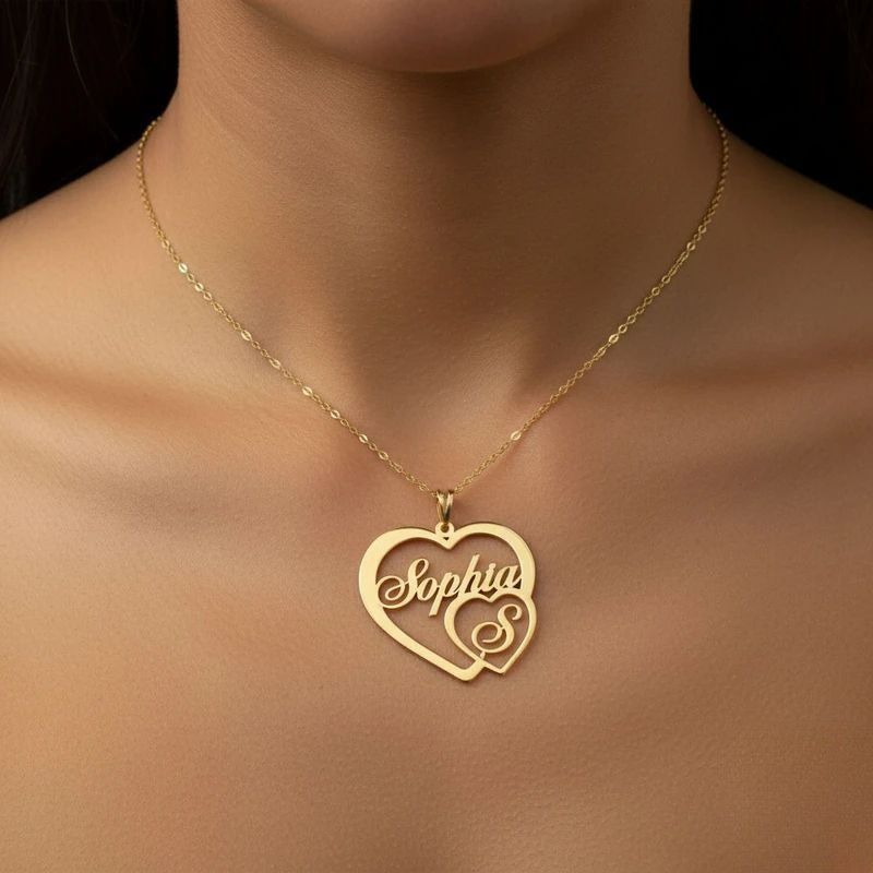 Double Heart Necklace With Name And Small Initial Charm