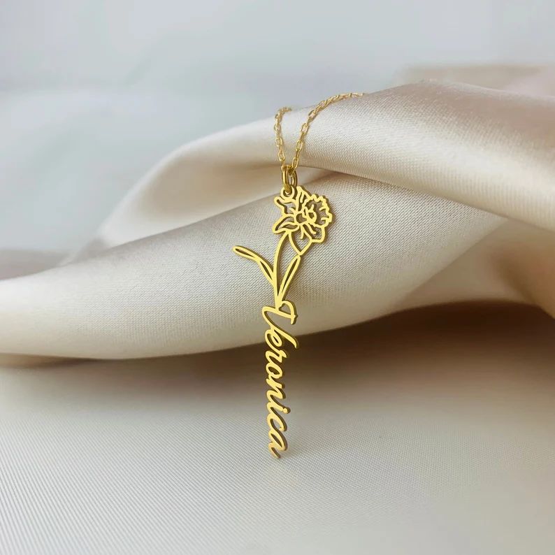 Vertical Daffodil Flower Name Necklace