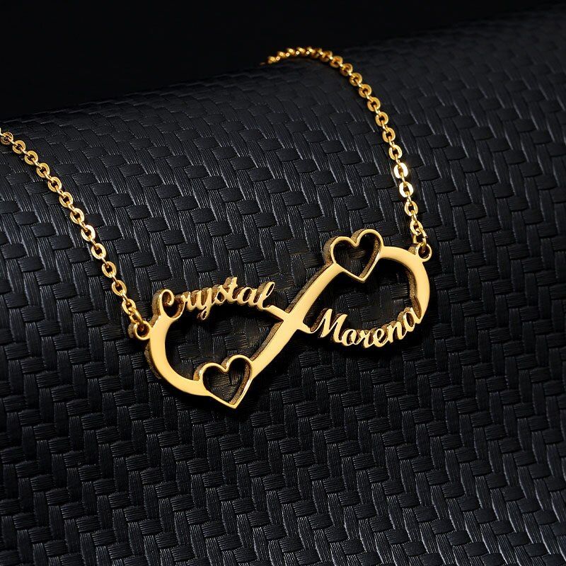 Infinity Necklace With Two Names And Double Heart Accents