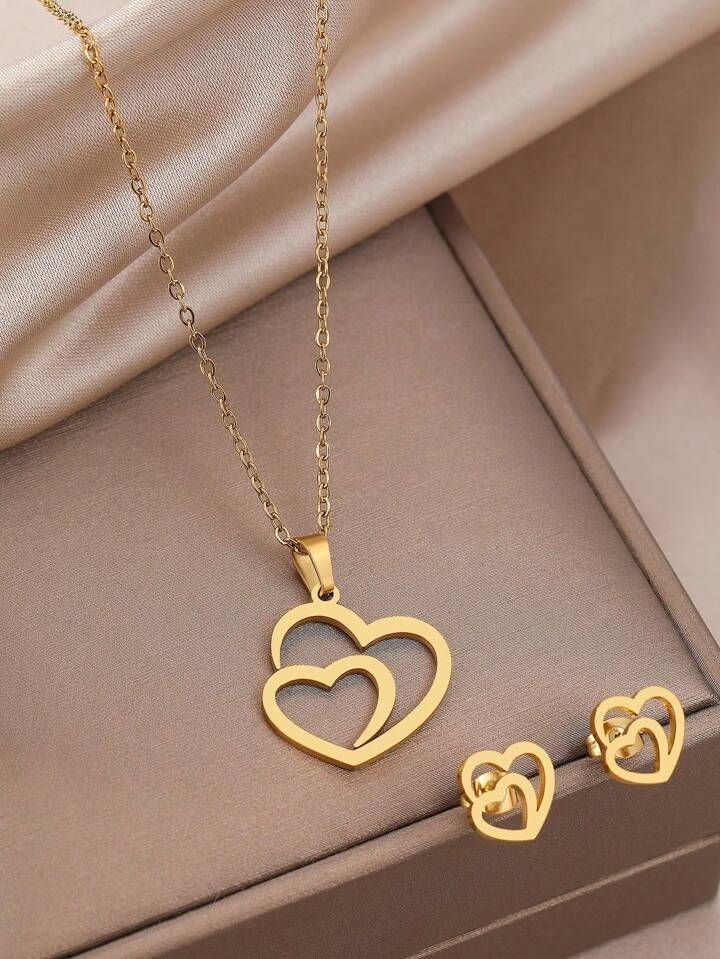 Nested Double Heart Pendant & Earring Set - Image 1