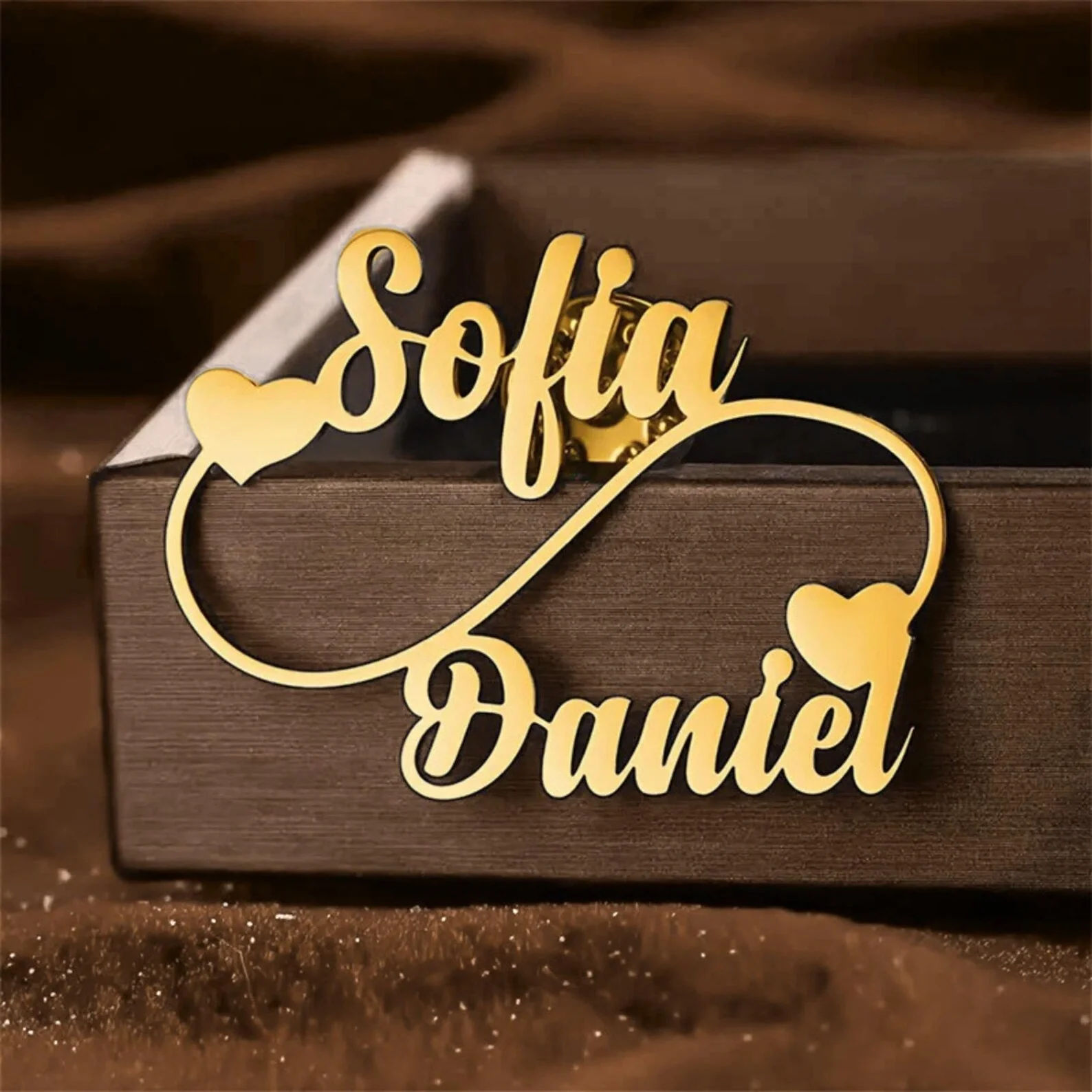 Customised Infinity Couple Name Brooch with Double Heart Design - 5