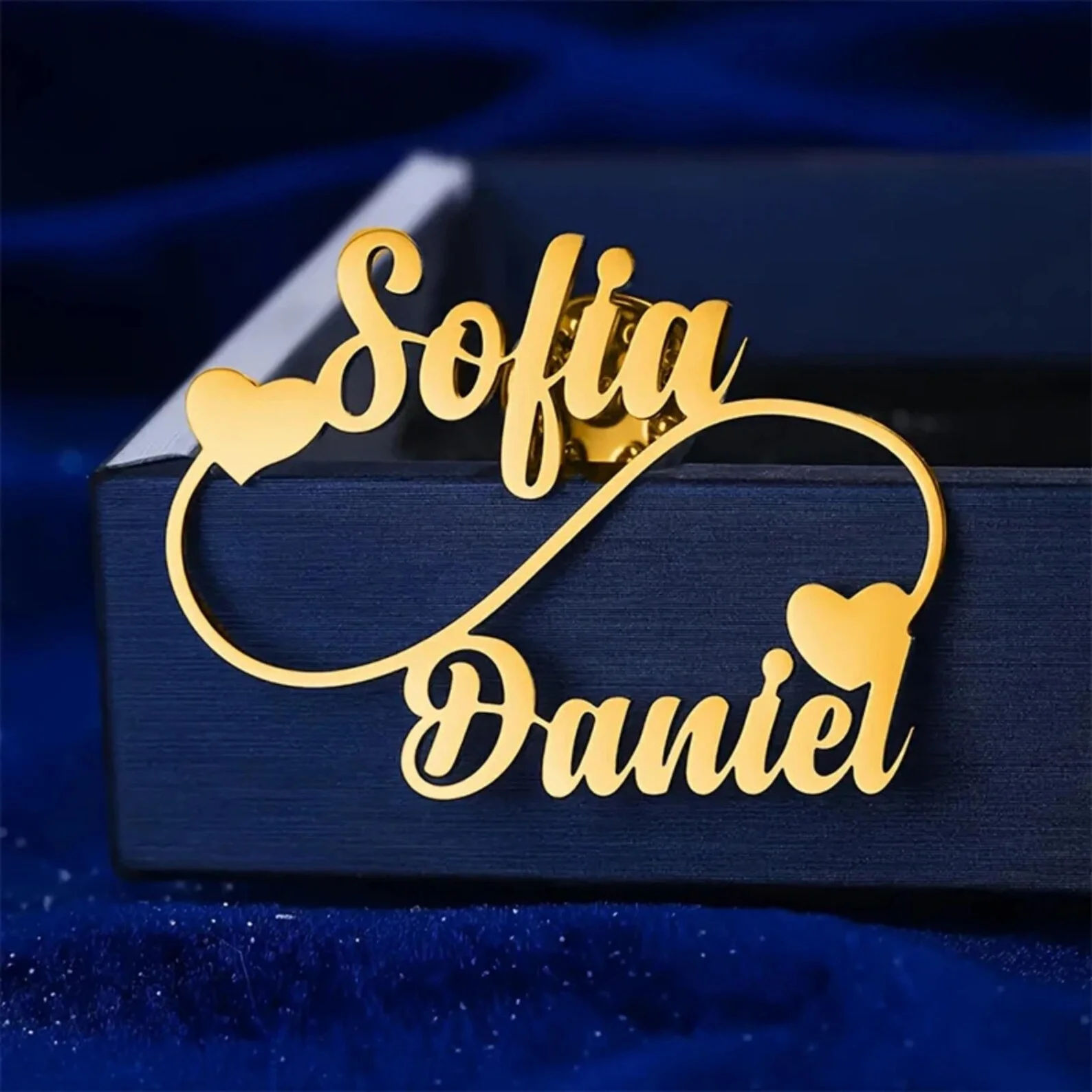 Customised Infinity Couple Name Brooch with Double Heart Design - 7