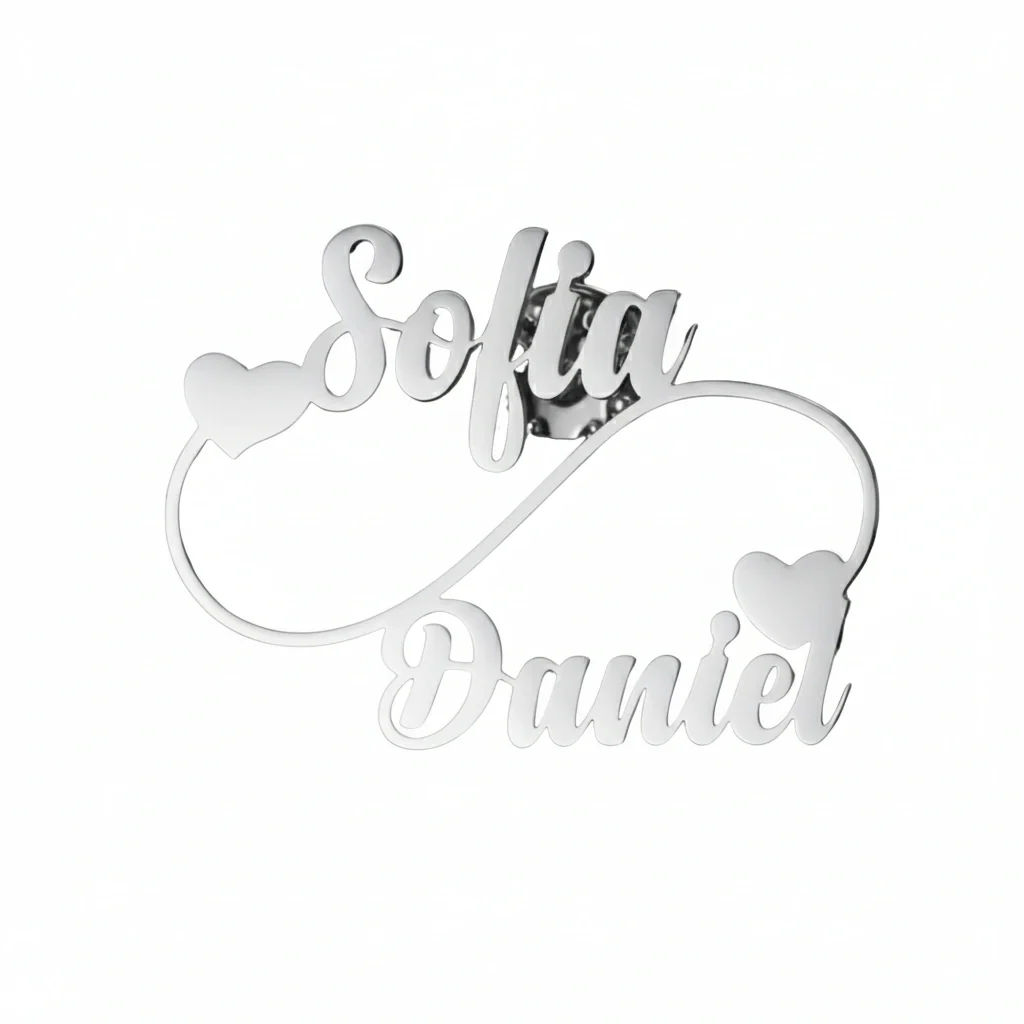 Customised Infinity Couple Name Brooch with Double Heart Design - 2