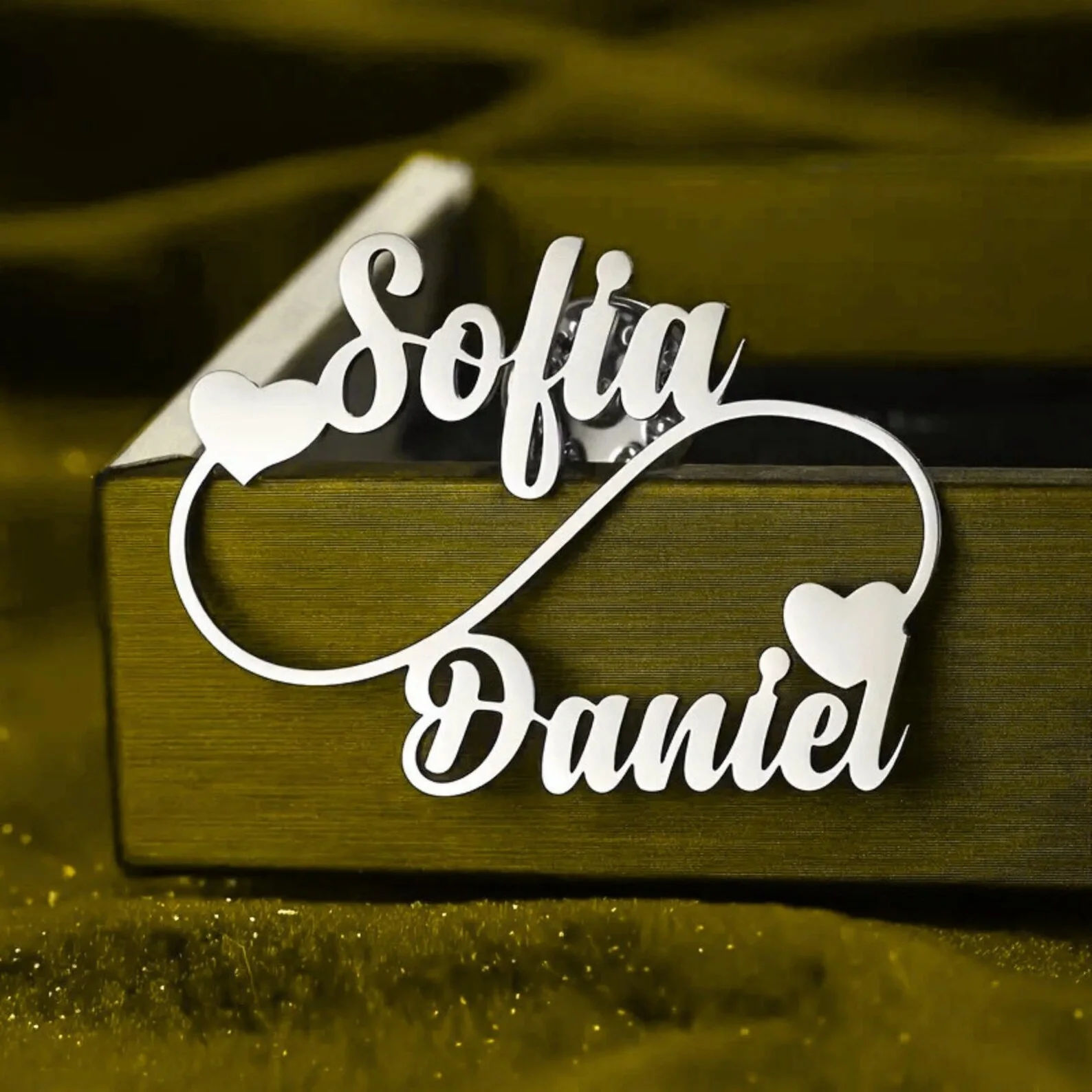 Customised Infinity Couple Name Brooch with Double Heart Design - 6