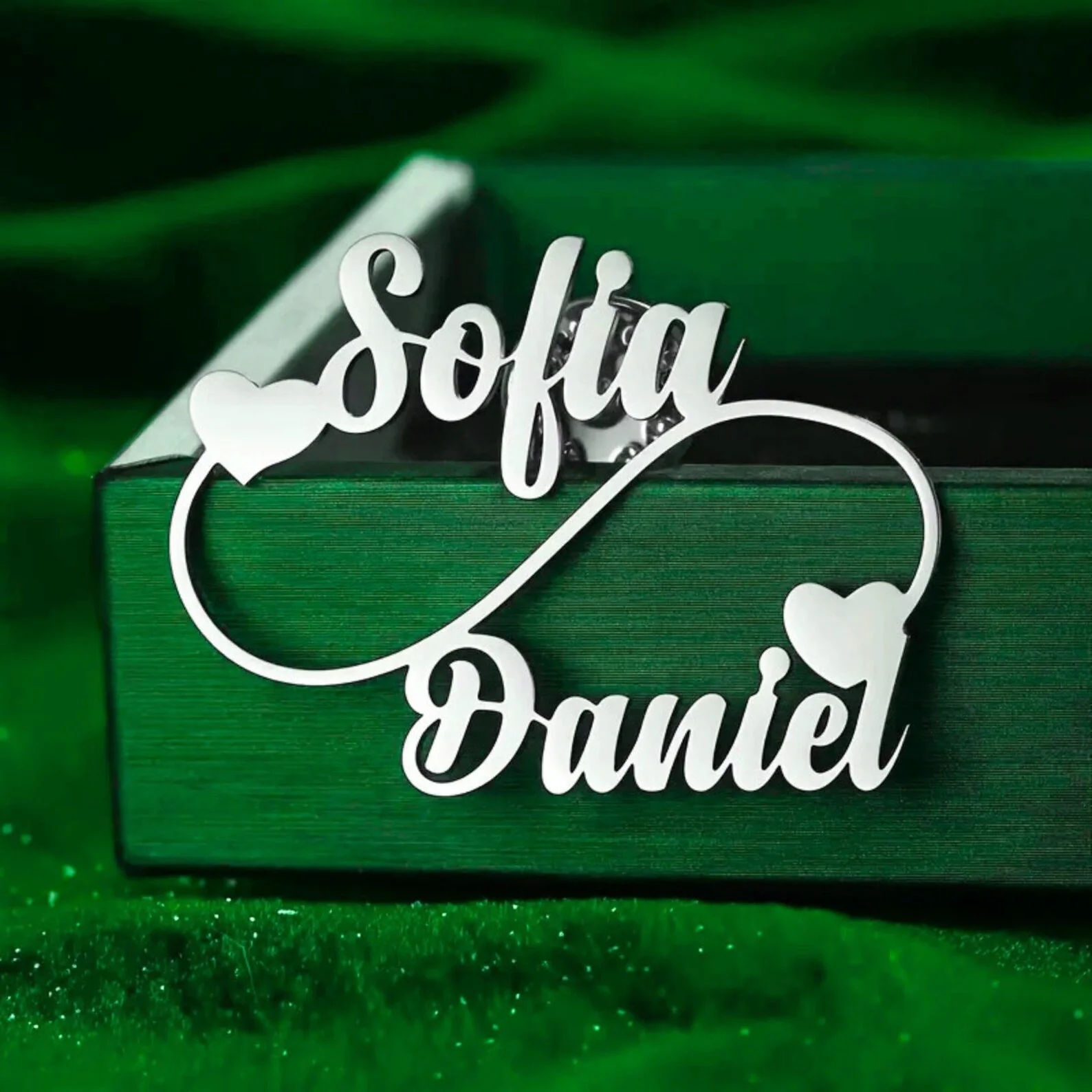 Customised Infinity Couple Name Brooch with Double Heart Design - 8
