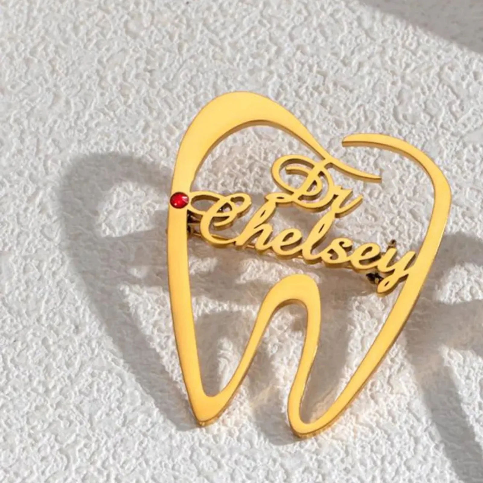 Customised Tooth Name Brooch with Red Stone Accent for Doctors - 4