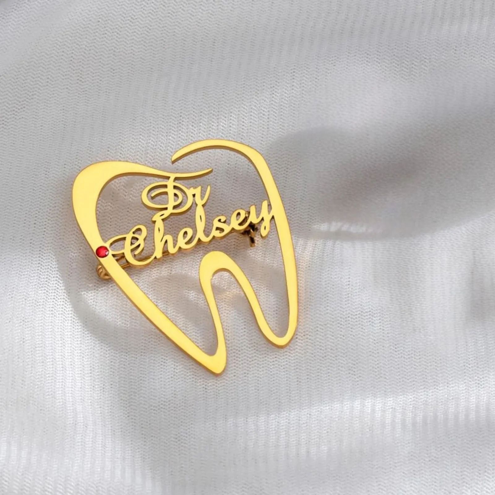 Customised Tooth Name Brooch with Red Stone Accent for Doctors - 5