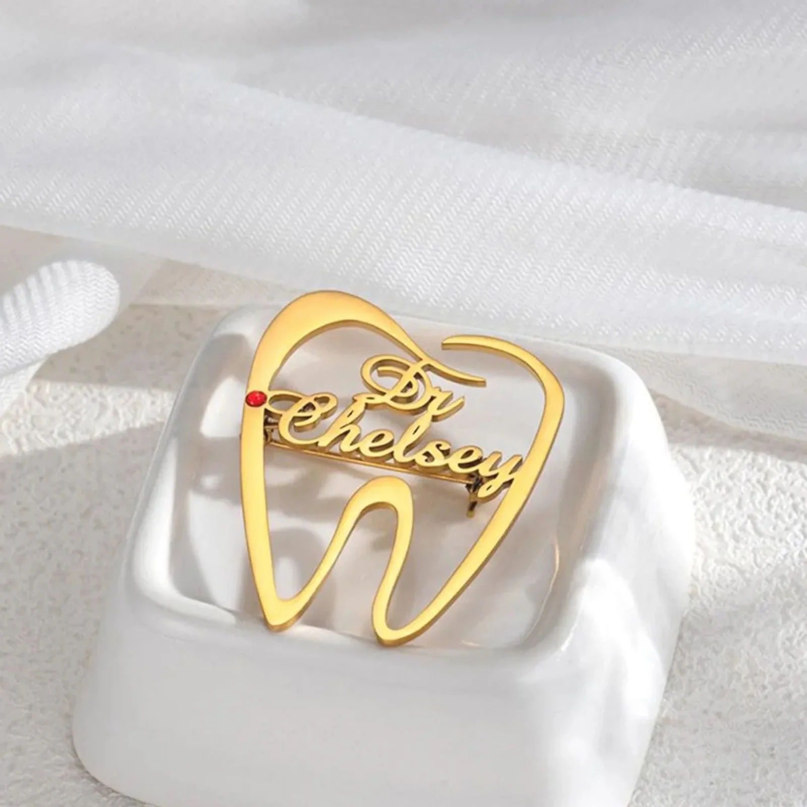 Customised Tooth Name Brooch with Red Stone Accent for Doctors - 6