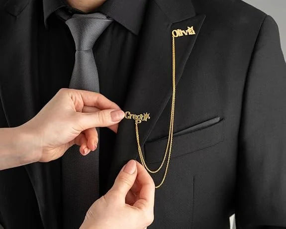 Personalised Double Name Brooch with Gold Chain | Stylish Gold Plated Coat Brooch for Blazer, Suit & Wedding - 3