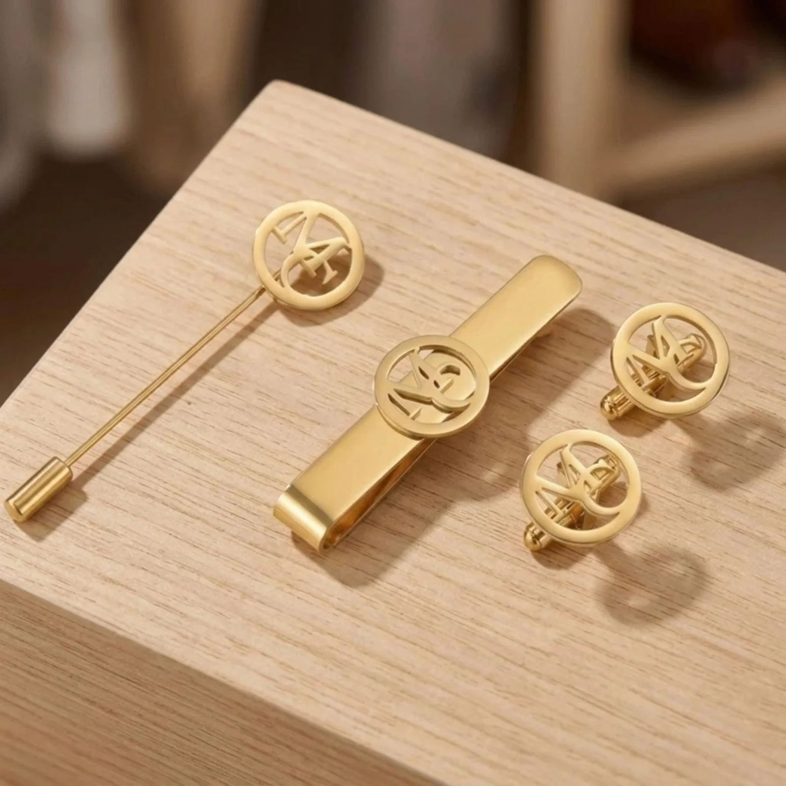 Customised Round Initials Cufflinks, Tie Pin and Lapel Pin, Men’s Accessory Combo Set - 7