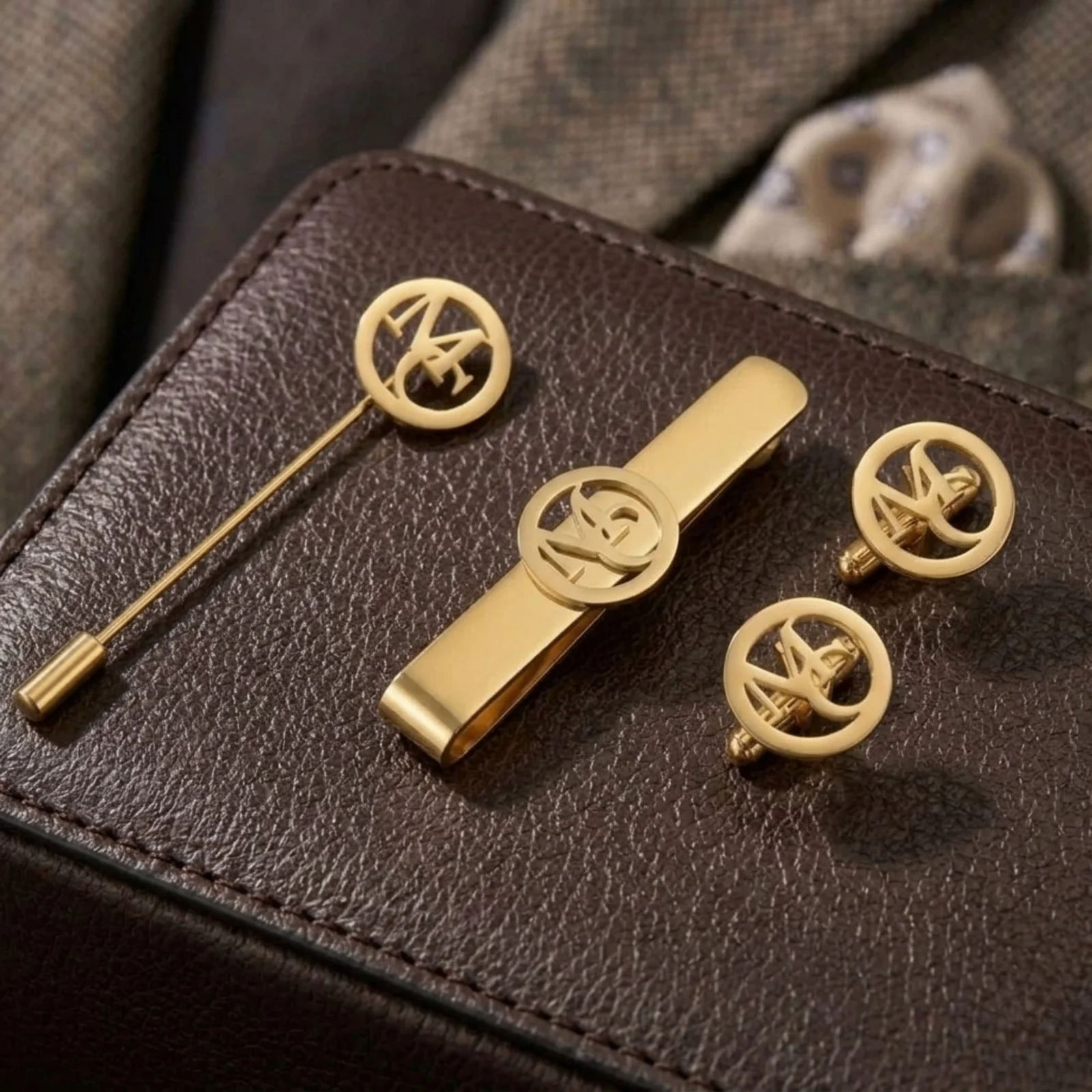 Customised Round Initials Cufflinks, Tie Pin and Lapel Pin, Men’s Accessory Combo Set - 4